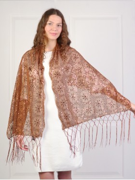 Sequined Flower Mesh Scarf W/ Fringe